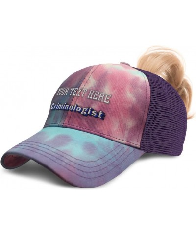 Womens Ponytail Cap Criminologist Forensics Cotton Criminal Distressed Trucker Hat Tie Dye Purple Personalized Text Here $15....