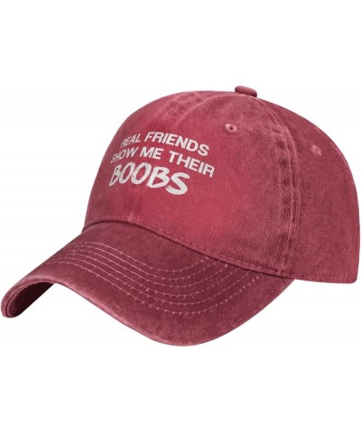 Funny Real Friends Show Me Their Boobs Women's Baseball Cap Original Washed Denim Snapback Cap Adjustable,Black Red $10.68 Ba...