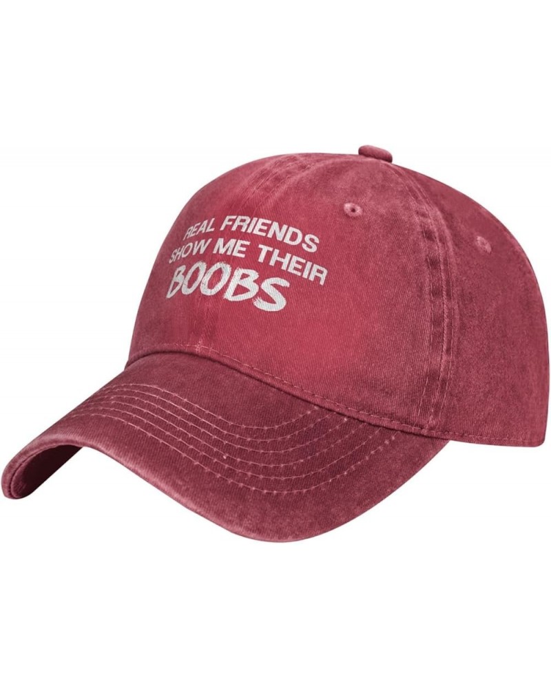 Funny Real Friends Show Me Their Boobs Women's Baseball Cap Original Washed Denim Snapback Cap Adjustable,Black Red $10.68 Ba...