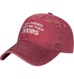 Funny Real Friends Show Me Their Boobs Women's Baseball Cap Original Washed Denim Snapback Cap Adjustable,Black Red $10.68 Ba...