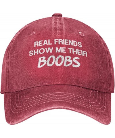 Funny Real Friends Show Me Their Boobs Women's Baseball Cap Original Washed Denim Snapback Cap Adjustable,Black Red $10.68 Ba...