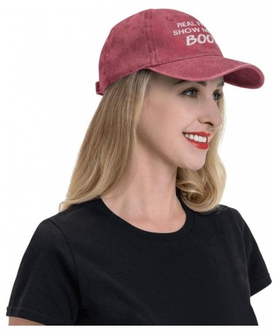 Funny Real Friends Show Me Their Boobs Women's Baseball Cap Original Washed Denim Snapback Cap Adjustable,Black Red $10.68 Ba...