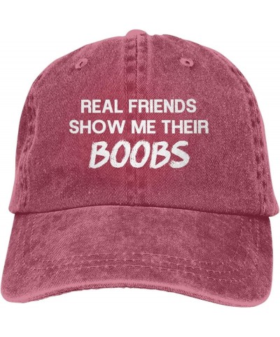 Funny Real Friends Show Me Their Boobs Women's Baseball Cap Original Washed Denim Snapback Cap Adjustable,Black Red $10.68 Ba...