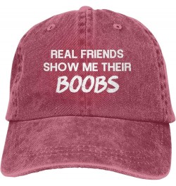 Funny Real Friends Show Me Their Boobs Women's Baseball Cap Original Washed Denim Snapback Cap Adjustable,Black Red $10.68 Ba...