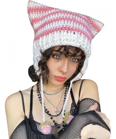 Women Cat Beanie Cute Crochet Cat Beanie Vintage Y2k Accessories Handmade Slouchy Knitted Hat Pink $10.59 Skullies & Beanies