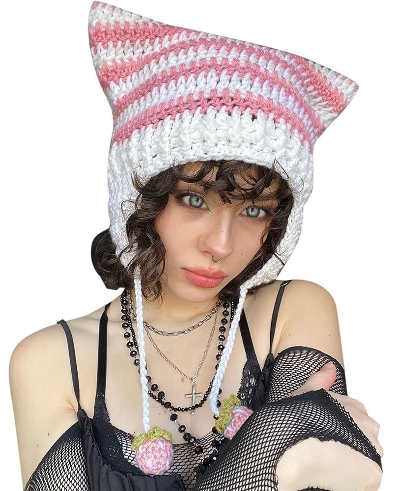 Women Cat Beanie Cute Crochet Cat Beanie Vintage Y2k Accessories Handmade Slouchy Knitted Hat Pink $10.59 Skullies & Beanies