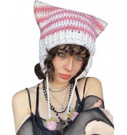 Women Cat Beanie Cute Crochet Cat Beanie Vintage Y2k Accessories Handmade Slouchy Knitted Hat Pink $10.59 Skullies & Beanies