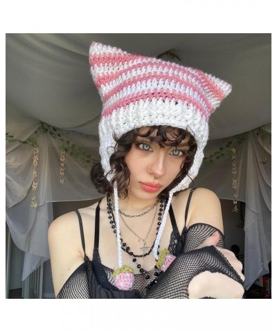 Women Cat Beanie Cute Crochet Cat Beanie Vintage Y2k Accessories Handmade Slouchy Knitted Hat Pink $10.59 Skullies & Beanies