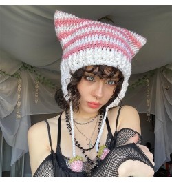 Women Cat Beanie Cute Crochet Cat Beanie Vintage Y2k Accessories Handmade Slouchy Knitted Hat Pink $10.59 Skullies & Beanies