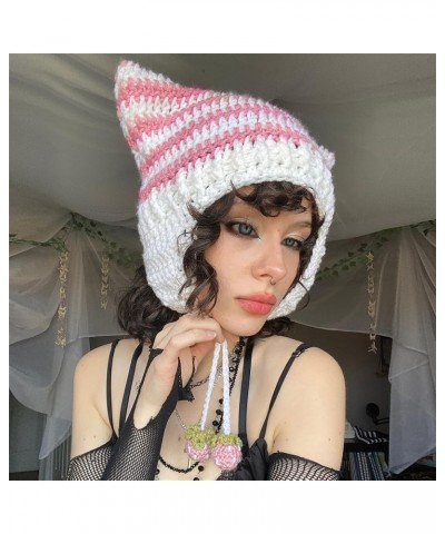 Women Cat Beanie Cute Crochet Cat Beanie Vintage Y2k Accessories Handmade Slouchy Knitted Hat Pink $10.59 Skullies & Beanies