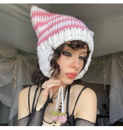 Women Cat Beanie Cute Crochet Cat Beanie Vintage Y2k Accessories Handmade Slouchy Knitted Hat Pink $10.59 Skullies & Beanies