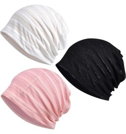 Women's Baggy Slouchy Chemo Sleep Beanie Hat Skull Cap 3 Pack White & Black & Pink $9.35 Skullies & Beanies