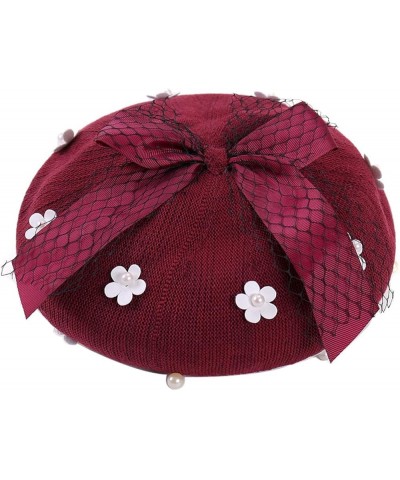 Solid Color Beret Hats with Bow Veil Soft Crochet Berets for Women Slouchy Knitted Beanie Dress Hats 002 $14.46 Berets