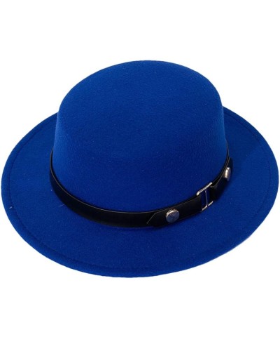 Belt Buckle Flat Top Top Hat for Women in Autumn and Winter, British Retro Versatile Woolen Jazz Hats with Brim Blue $20.89 F...