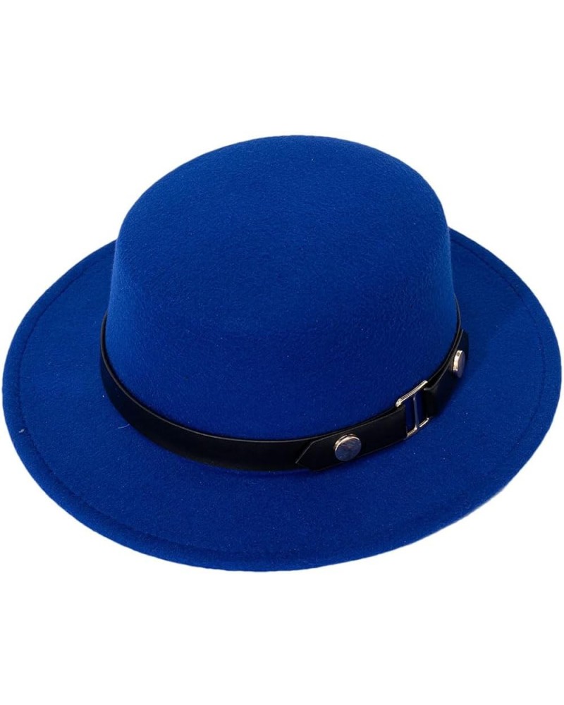 Belt Buckle Flat Top Top Hat for Women in Autumn and Winter, British Retro Versatile Woolen Jazz Hats with Brim Blue $20.89 F...