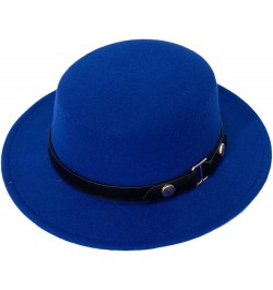 Belt Buckle Flat Top Top Hat for Women in Autumn and Winter, British Retro Versatile Woolen Jazz Hats with Brim Blue $20.89 F...