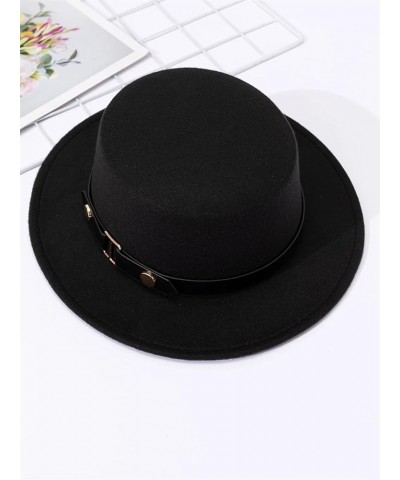 Belt Buckle Flat Top Top Hat for Women in Autumn and Winter, British Retro Versatile Woolen Jazz Hats with Brim Blue $20.89 F...