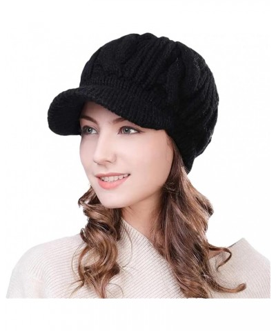 Women's Winter Wool Knitted Acrylic Fibres Visor Beanie Hat Newsboy Cap Warm Soft Lined Black $9.44 Newsboy Caps