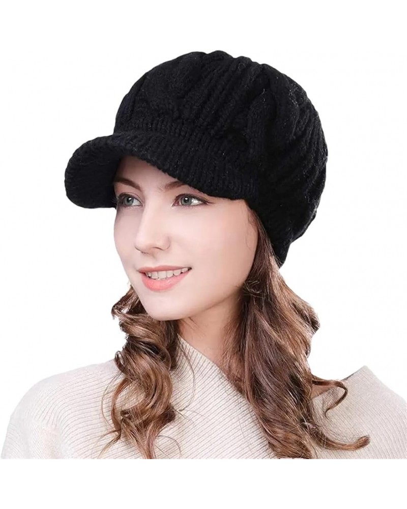 Women's Winter Wool Knitted Acrylic Fibres Visor Beanie Hat Newsboy Cap Warm Soft Lined Black $9.44 Newsboy Caps