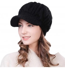 Women's Winter Wool Knitted Acrylic Fibres Visor Beanie Hat Newsboy Cap Warm Soft Lined Black $9.44 Newsboy Caps