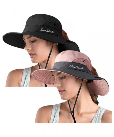 Women's Ponytail Safari Sun Hat,Wide Brim UV Protection Outdoor Bucket Hat,Foldable Beach Summer Fishing Hat 2-black+pink $10...