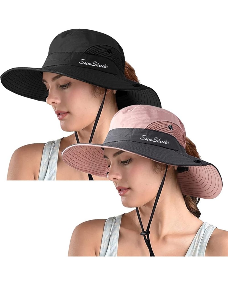 Women's Ponytail Safari Sun Hat,Wide Brim UV Protection Outdoor Bucket Hat,Foldable Beach Summer Fishing Hat 2-black+pink $10...