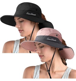 Women's Ponytail Safari Sun Hat,Wide Brim UV Protection Outdoor Bucket Hat,Foldable Beach Summer Fishing Hat 2-black+pink $10...