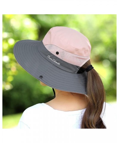 Women's Ponytail Safari Sun Hat,Wide Brim UV Protection Outdoor Bucket Hat,Foldable Beach Summer Fishing Hat 2-black+pink $10...