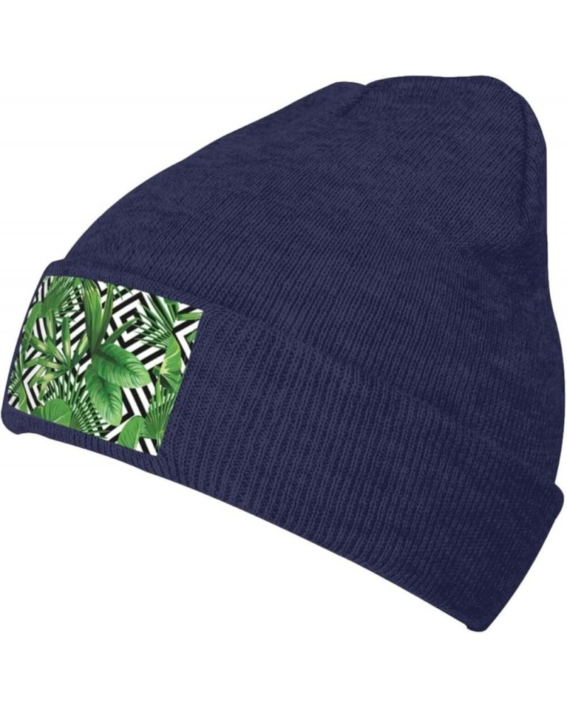 Tropical Leaves Print Slouchy Beanie for Men Women Hip-Hop Soft Lightweight Running Beanie Adult Hats Navy Blue $13.42 Skulli...