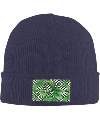 Tropical Leaves Print Slouchy Beanie for Men Women Hip-Hop Soft Lightweight Running Beanie Adult Hats Navy Blue $13.42 Skulli...