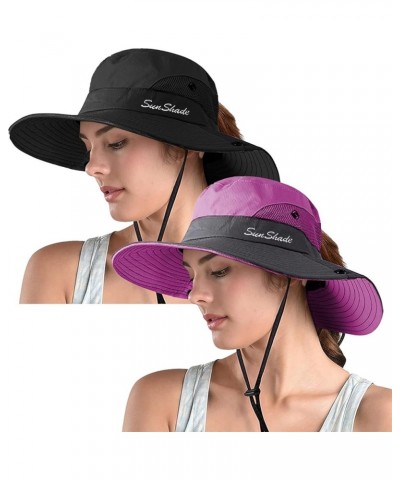 Women's Ponytail Safari Sun Hat,Wide Brim UV Protection Outdoor Bucket Hat,Foldable Beach Summer Fishing Hat 2-black+purple $...