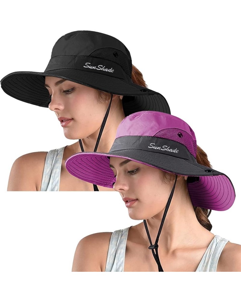 Women's Ponytail Safari Sun Hat,Wide Brim UV Protection Outdoor Bucket Hat,Foldable Beach Summer Fishing Hat 2-black+purple $...