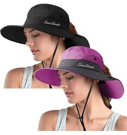 Women's Ponytail Safari Sun Hat,Wide Brim UV Protection Outdoor Bucket Hat,Foldable Beach Summer Fishing Hat 2-black+purple $...