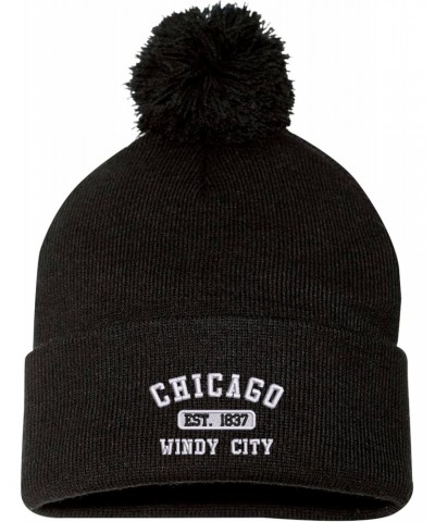 Chicago Windy City Est. 1837 Cuffed Pom Knit Hat Black $12.25 Skullies & Beanies