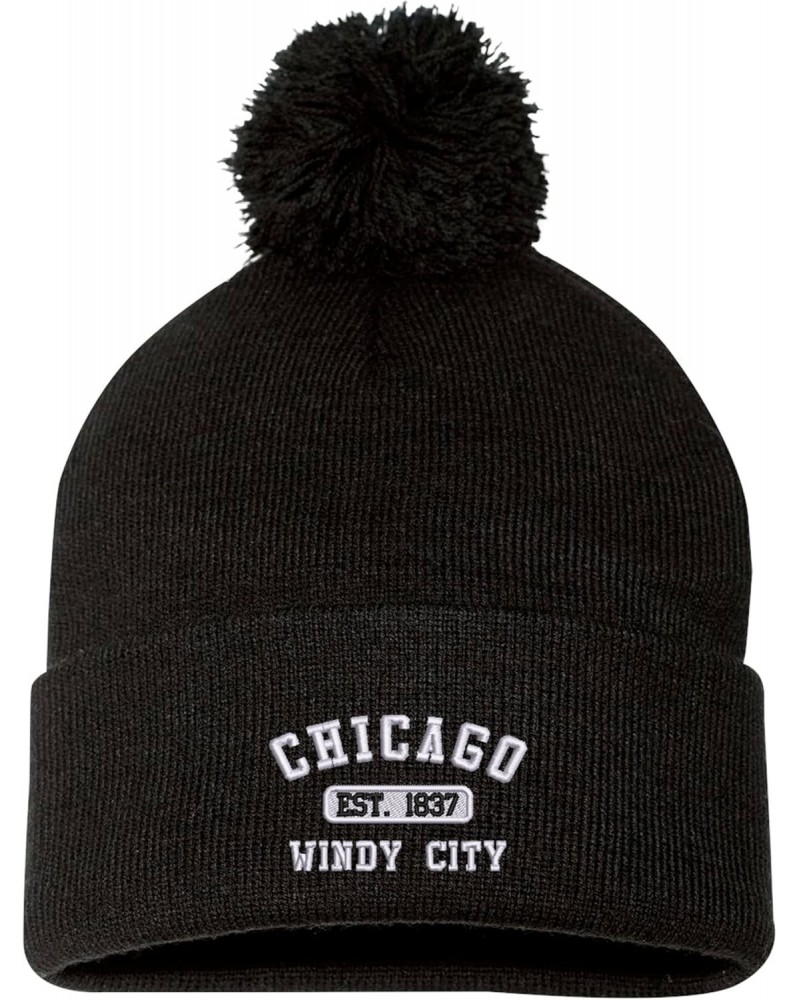 Chicago Windy City Est. 1837 Cuffed Pom Knit Hat Black $12.25 Skullies & Beanies