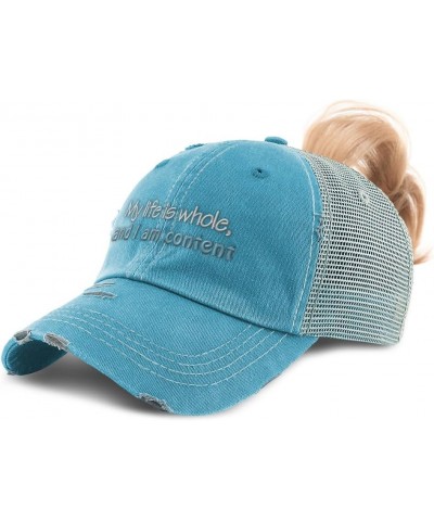 Womens Ponytail Cap My Life is Whole and I Am Content B Cotton Distressed Trucker Hats Turquoise $17.04 Baseball Caps