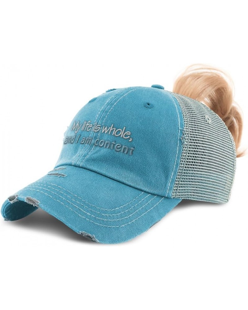 Womens Ponytail Cap My Life is Whole and I Am Content B Cotton Distressed Trucker Hats Turquoise $17.04 Baseball Caps