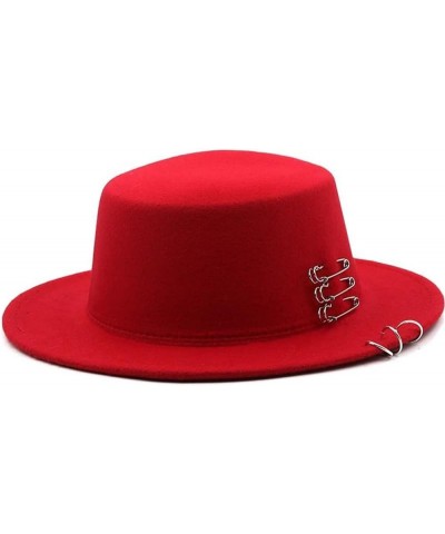 Autumn Winter Flat Brim Top Hat Women Men Woolen Fedora Hats with Belt Buckle Boater Hat Red $25.35 Fedoras