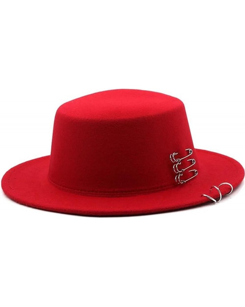 Autumn Winter Flat Brim Top Hat Women Men Woolen Fedora Hats with Belt Buckle Boater Hat Red $25.35 Fedoras