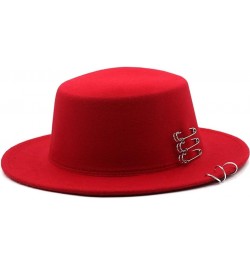 Autumn Winter Flat Brim Top Hat Women Men Woolen Fedora Hats with Belt Buckle Boater Hat Red $25.35 Fedoras