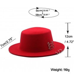 Autumn Winter Flat Brim Top Hat Women Men Woolen Fedora Hats with Belt Buckle Boater Hat Red $25.35 Fedoras