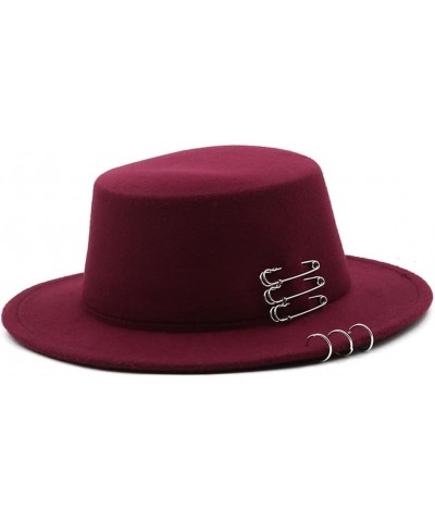 Autumn Winter Flat Brim Top Hat Women Men Woolen Fedora Hats with Belt Buckle Boater Hat Red $25.35 Fedoras