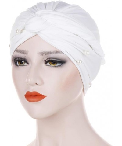 Turban Cap Ruffle Women Pearl Hat Wrap Muslim Beading Baseball Caps Periphery Hat White $6.30 Skullies & Beanies