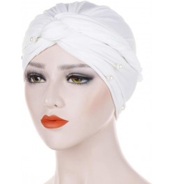 Turban Cap Ruffle Women Pearl Hat Wrap Muslim Beading Baseball Caps Periphery Hat White $6.30 Skullies & Beanies