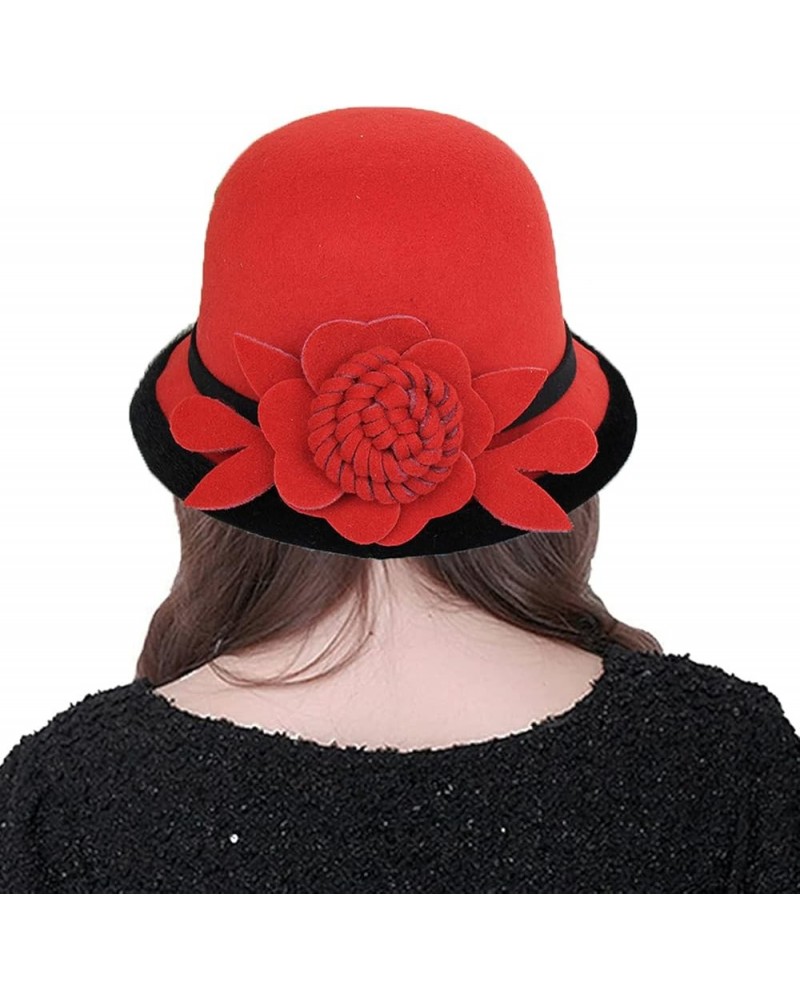 Women Winter Bucket Hat Felt Fedora Hat Warm Wool Bowler Hat Fisherman Cap 1-red $15.59 Bucket Hats