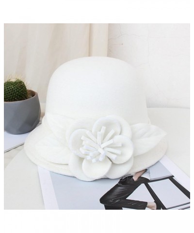 Women Winter Fall Knit 1920s Vintage Bucket Bowler Hat Flower Cloche Round Brim Warm Hat Church Wrinkled Cap White $8.26 Skul...