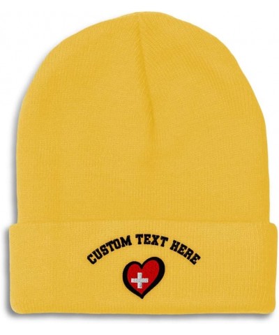 Beanies for Men Switzerland Flag Heart-Shaped Embroidery Winter Hats for Women Acrylic Skull Cap 1 Size Yellow Personalized T...