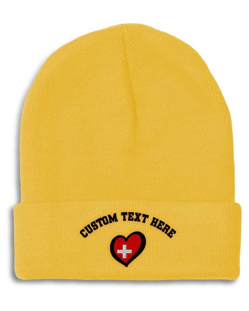 Beanies for Men Switzerland Flag Heart-Shaped Embroidery Winter Hats for Women Acrylic Skull Cap 1 Size Yellow Personalized T...