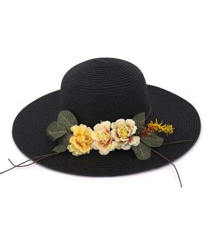 Womens Sun Hats Wide Brim Sun ????rotection Beach Flower ????traw Hat Foldable Roll up Cap Black $7.75 Sun Hats