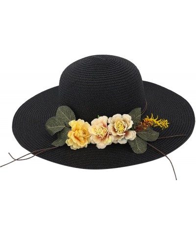 Womens Sun Hats Wide Brim Sun ????rotection Beach Flower ????traw Hat Foldable Roll up Cap Black $7.75 Sun Hats